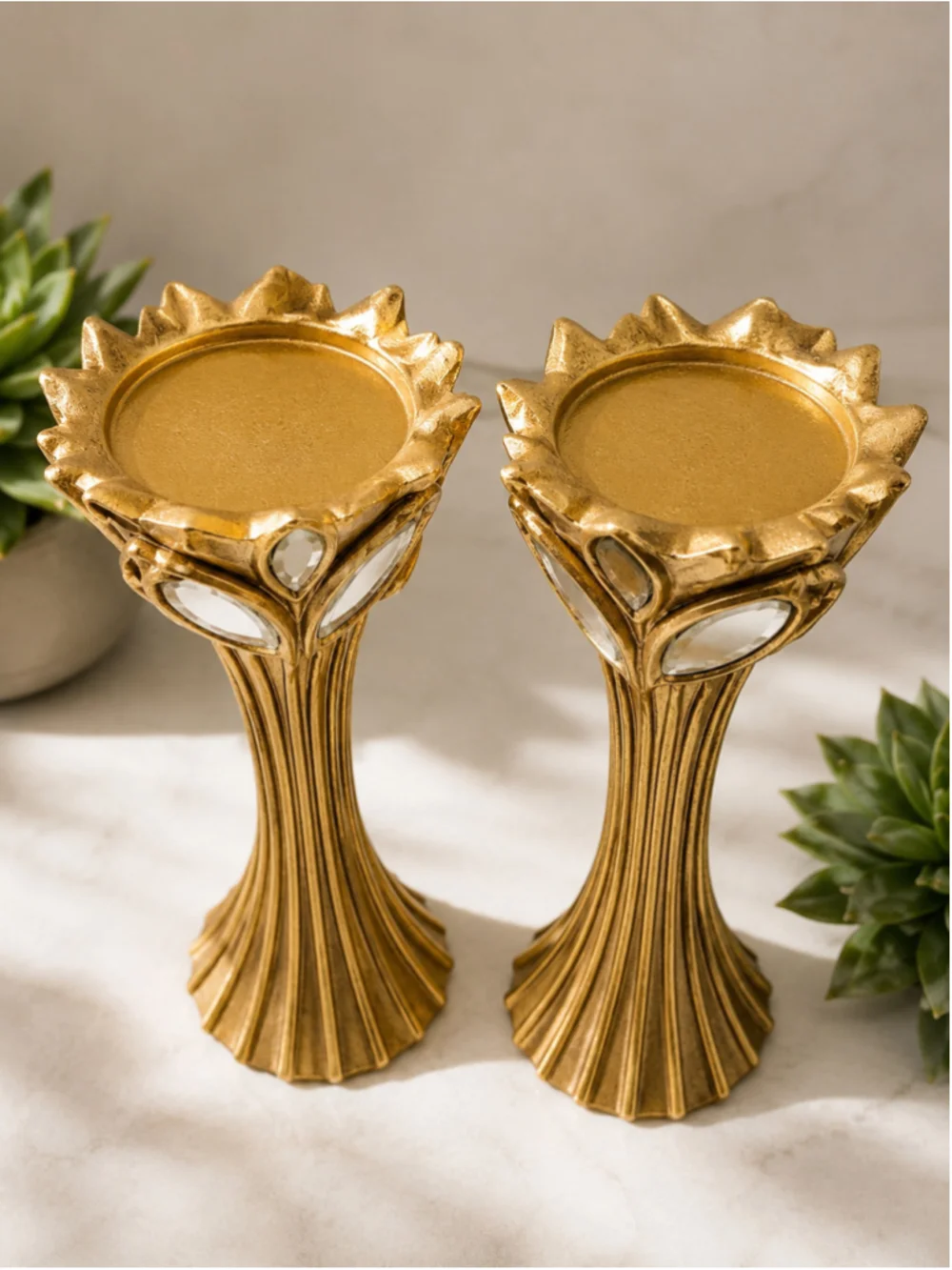 Gaia Gold Candle Holder Set with Mirrored Glass Leaf – 14”